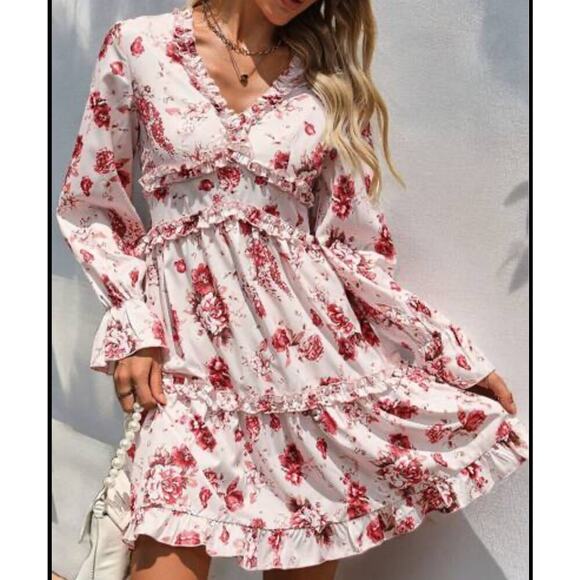 Lashbair V Neck Summer Dress A-line Print Ruffle Long Sleeve NEW floral SZ SM - Picture 9 of 9